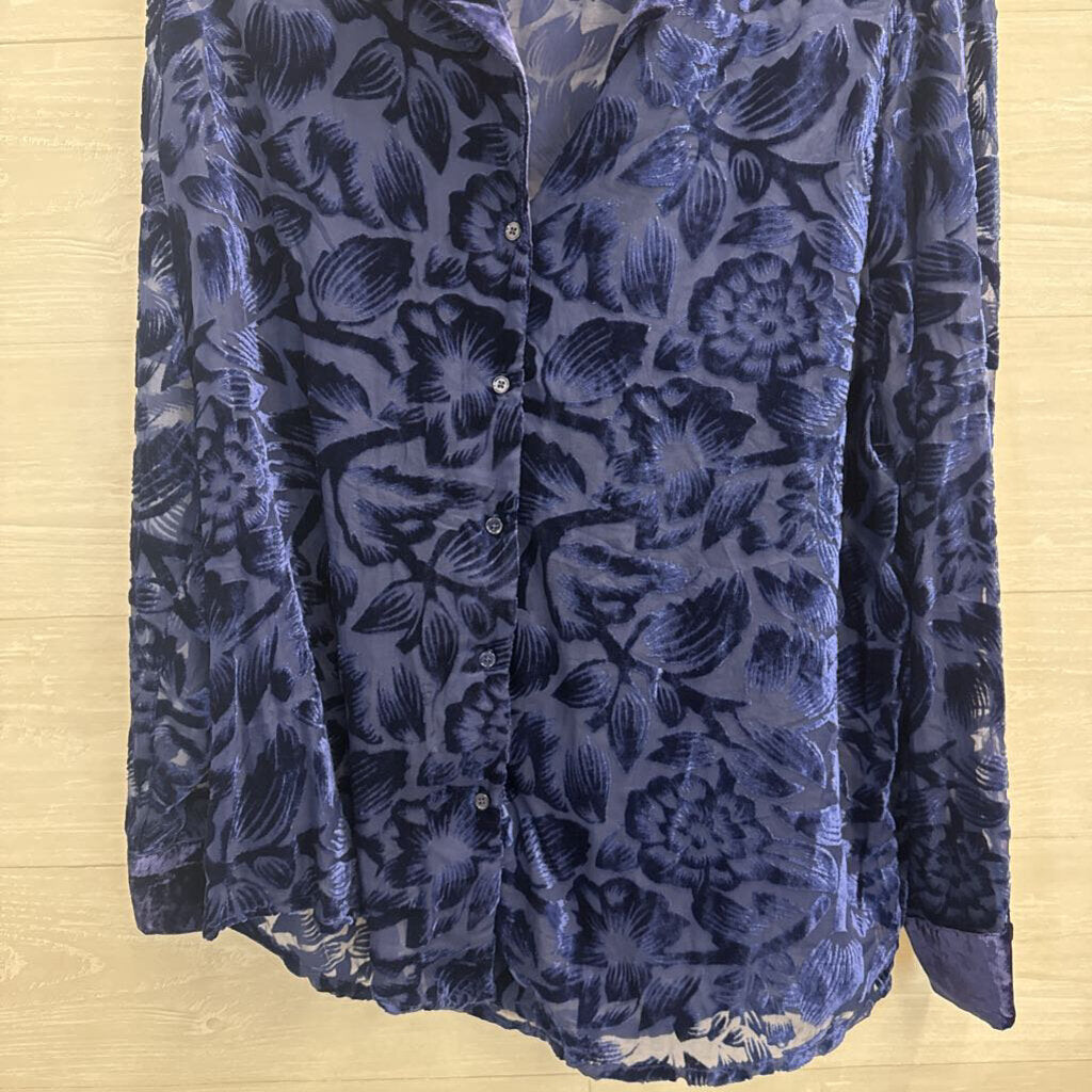 Endless Rose Blue Velvet Print Long Sleeve Button Down Top Large