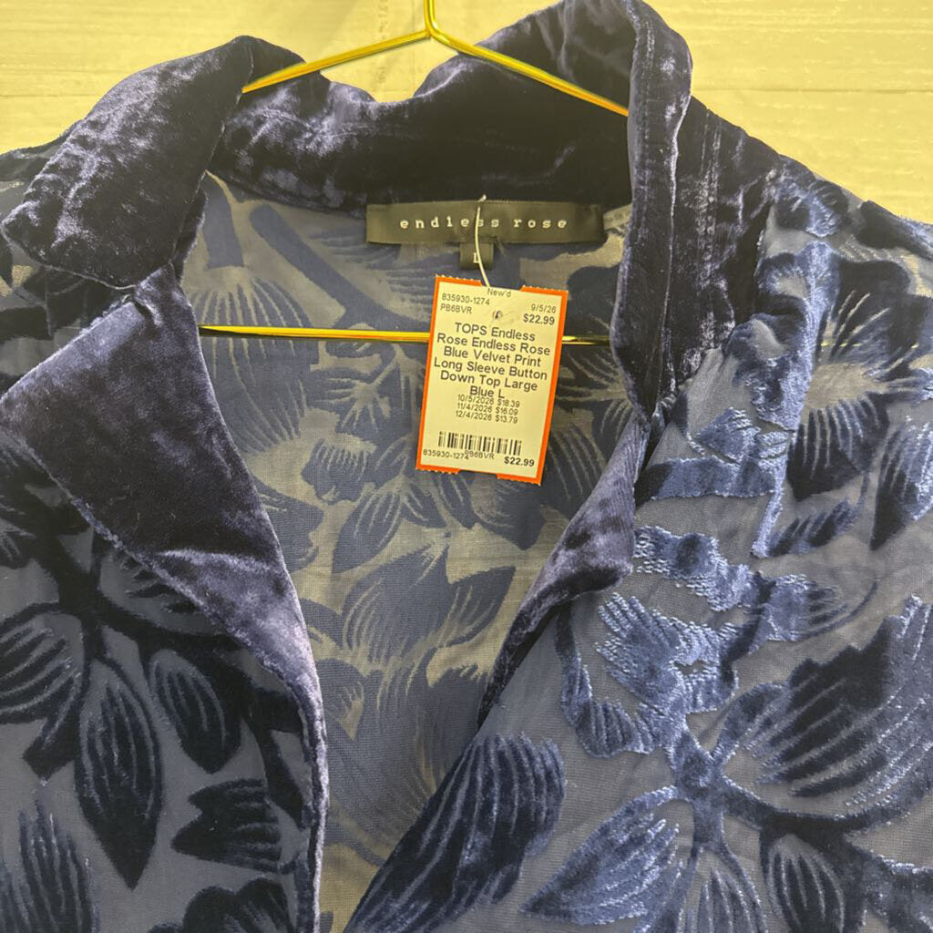 Endless Rose Blue Velvet Print Long Sleeve Button Down Top Large