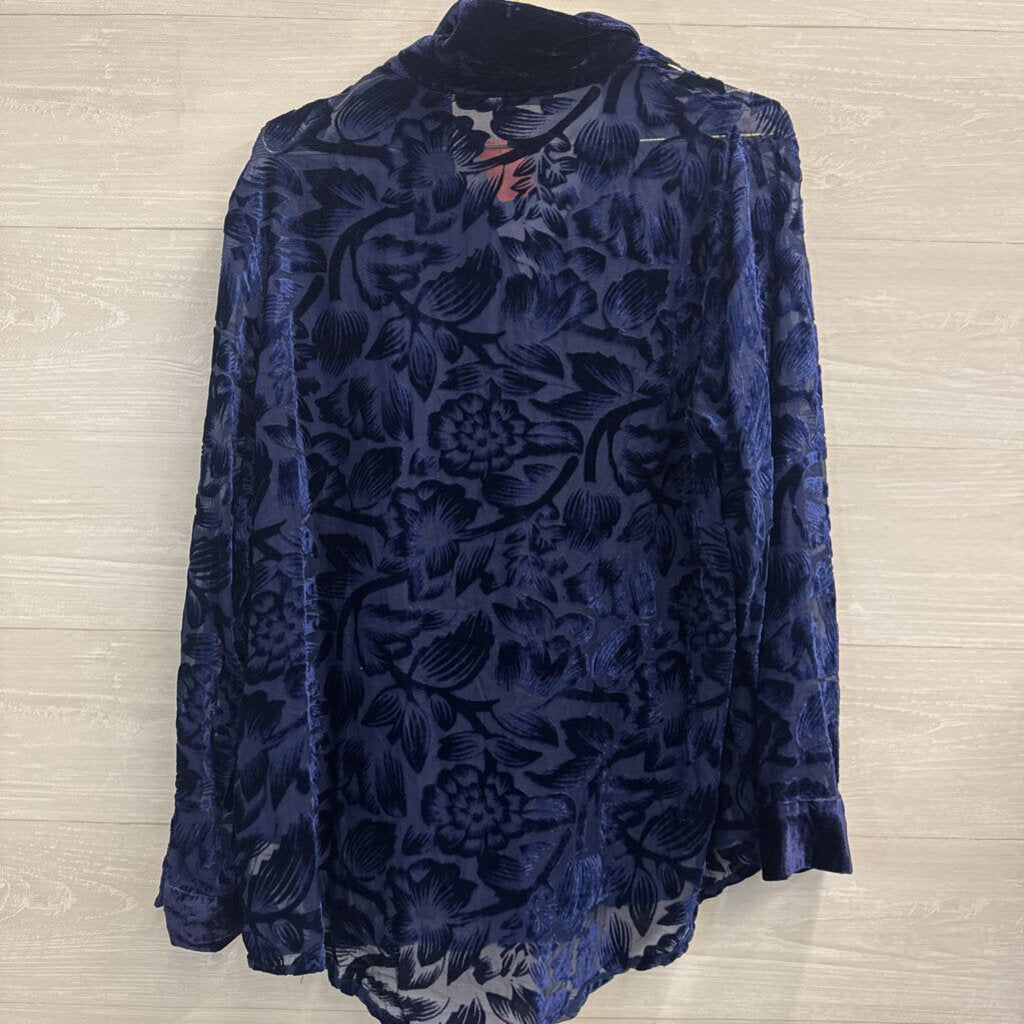 Endless Rose Blue Velvet Print Long Sleeve Button Down Top Large