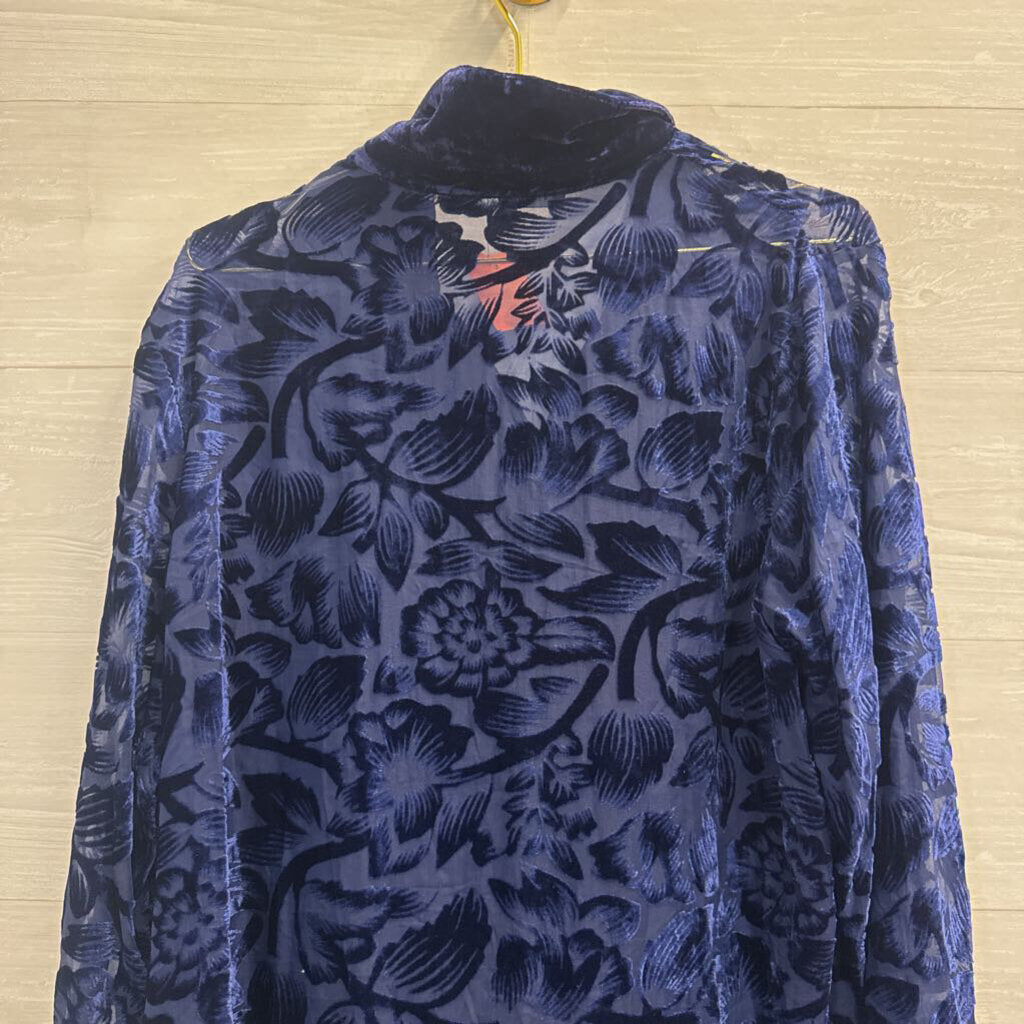 Endless Rose Blue Velvet Print Long Sleeve Button Down Top Large