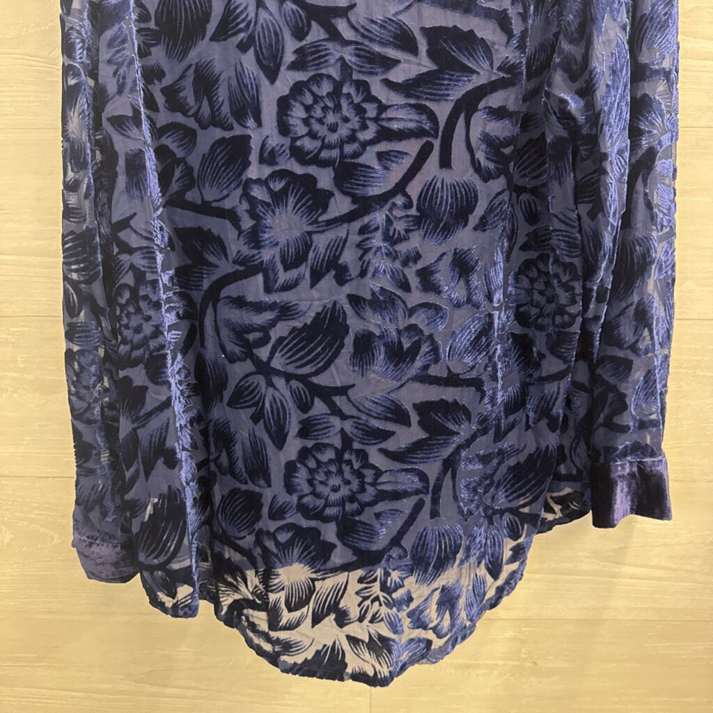 Endless Rose Blue Velvet Print Long Sleeve Button Down Top Large