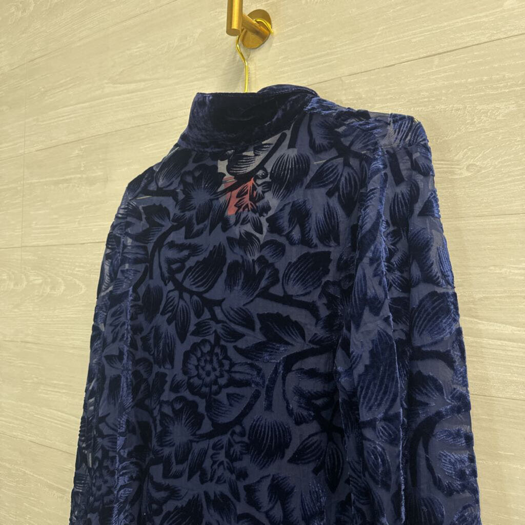 Endless Rose Blue Velvet Print Long Sleeve Button Down Top Large