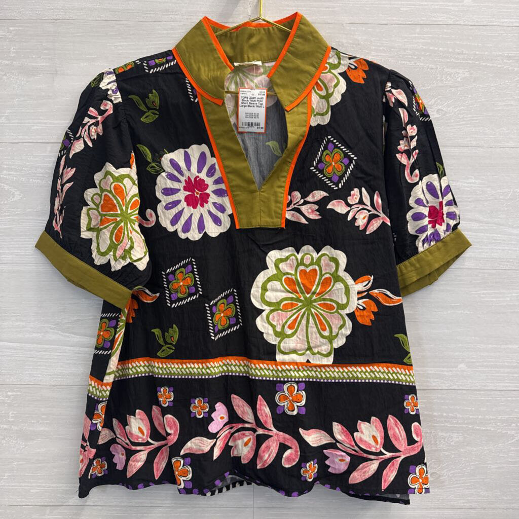 Jodifl Black/ Multi Print Short Sleeve Top Large