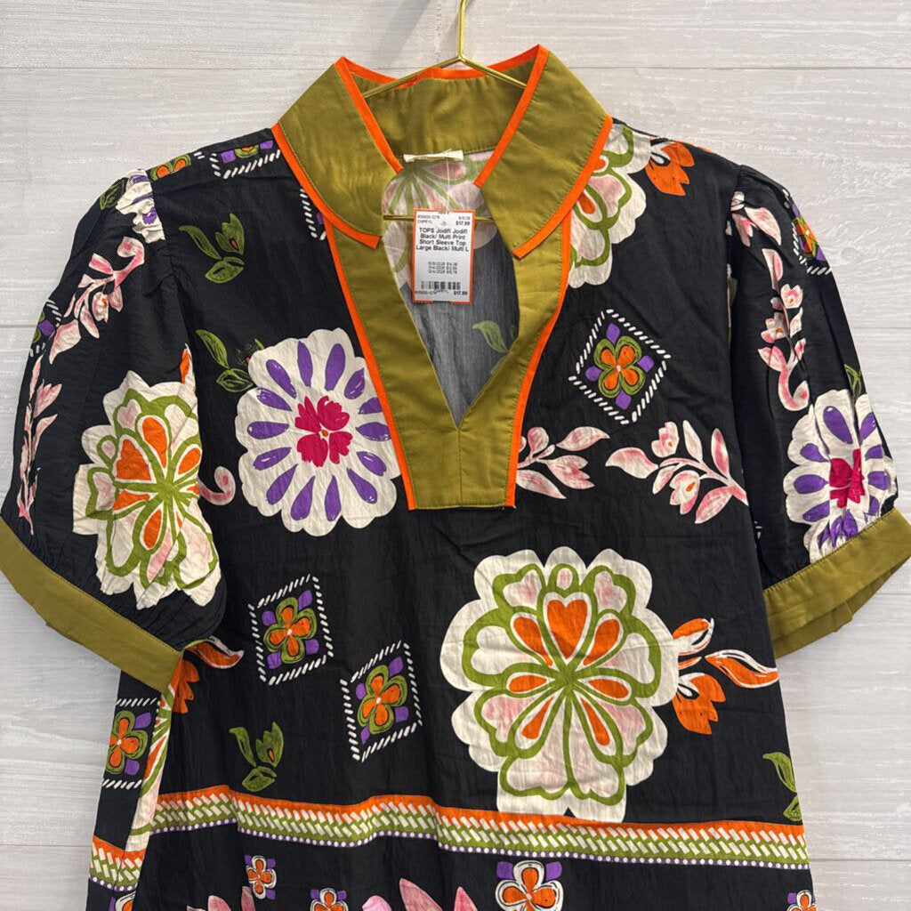 Jodifl Black/ Multi Print Short Sleeve Top Large