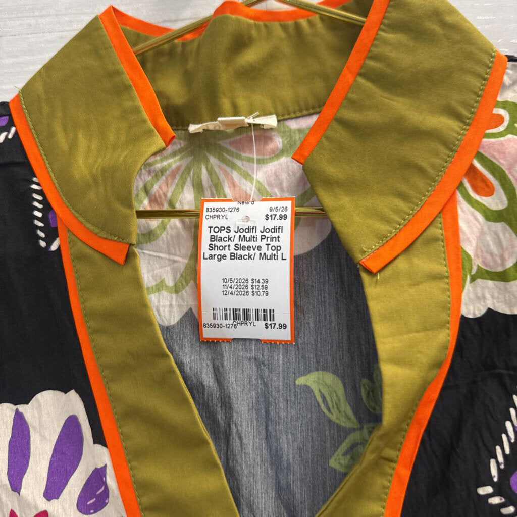 Jodifl Black/ Multi Print Short Sleeve Top Large