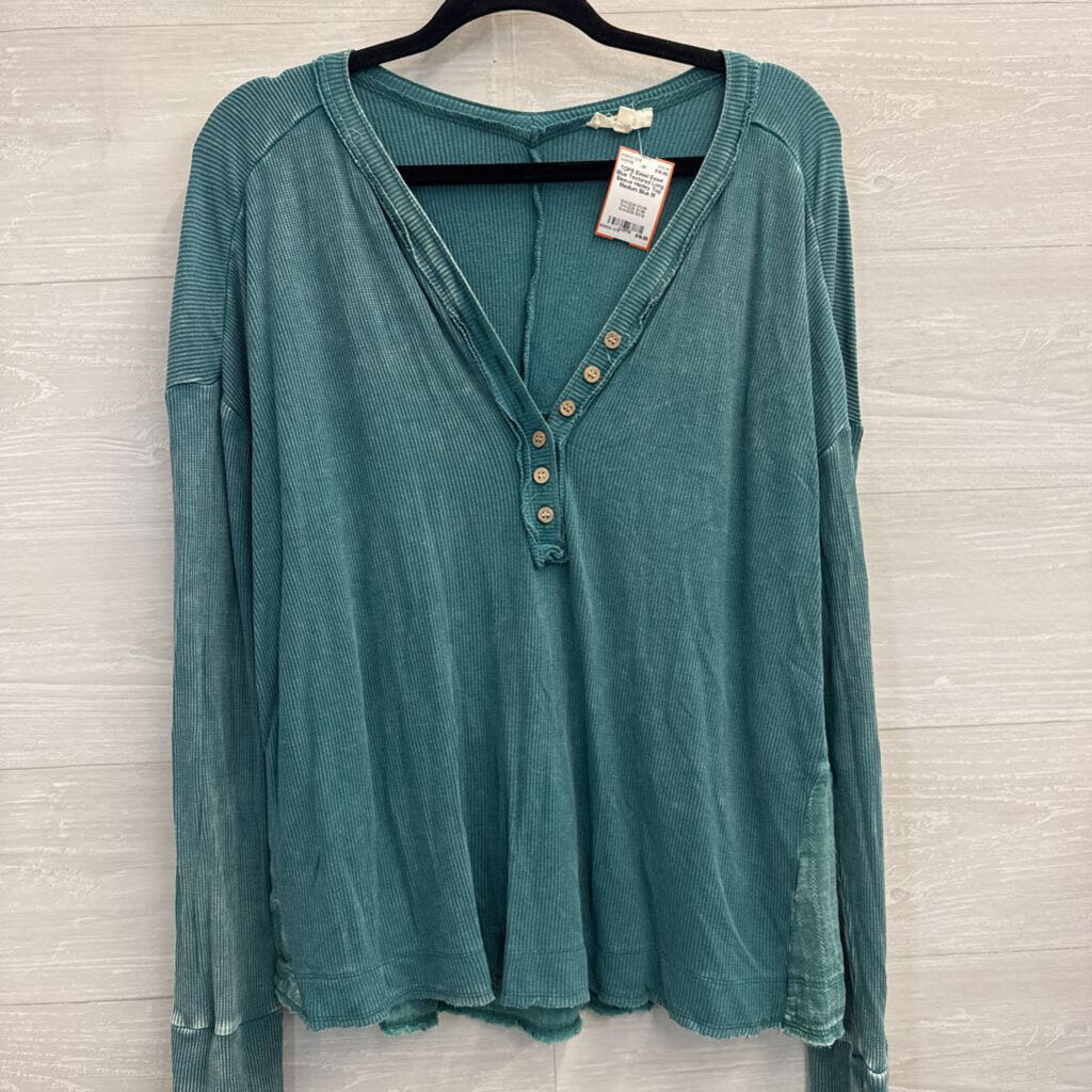 Easel Blue Textured Long Sleeve Henley Top Medium