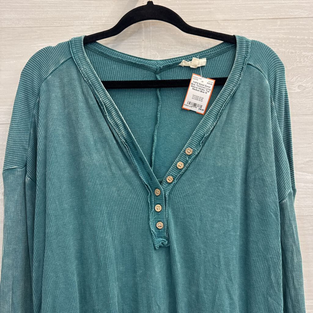 Easel Blue Textured Long Sleeve Henley Top Medium