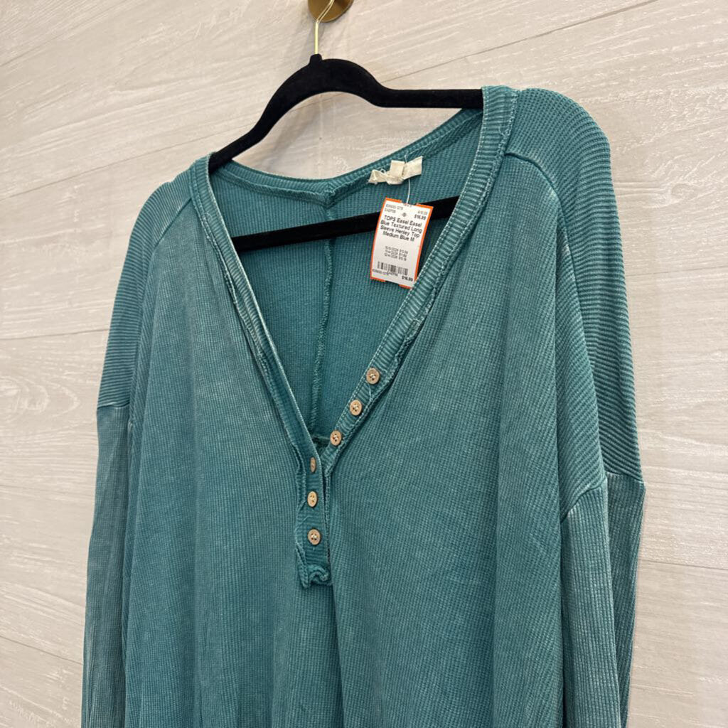 Easel Blue Textured Long Sleeve Henley Top Medium