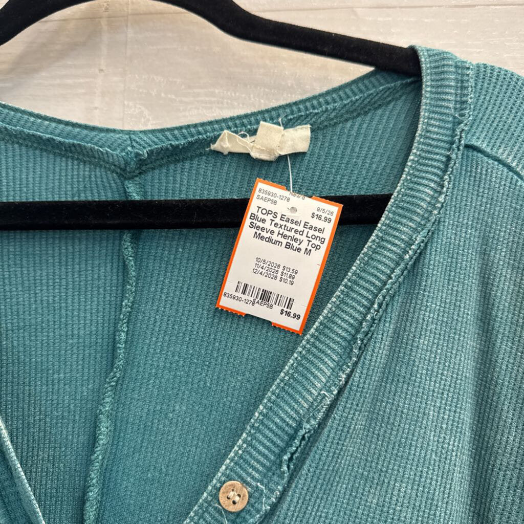Easel Blue Textured Long Sleeve Henley Top Medium