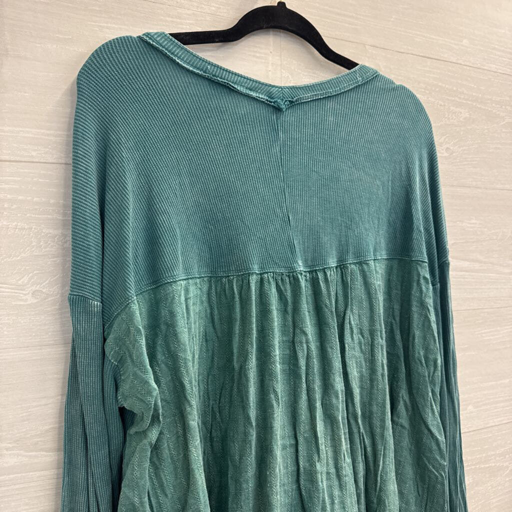 Easel Blue Textured Long Sleeve Henley Top Medium