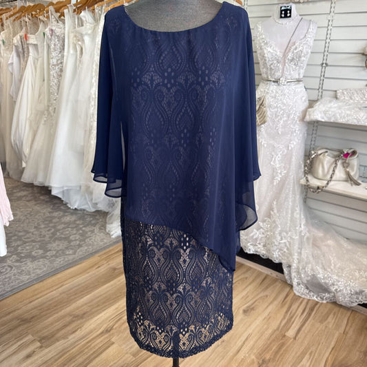 Connected Apparel Navy/ Beige Cape Top Layered Lace Short Formal Dress 10