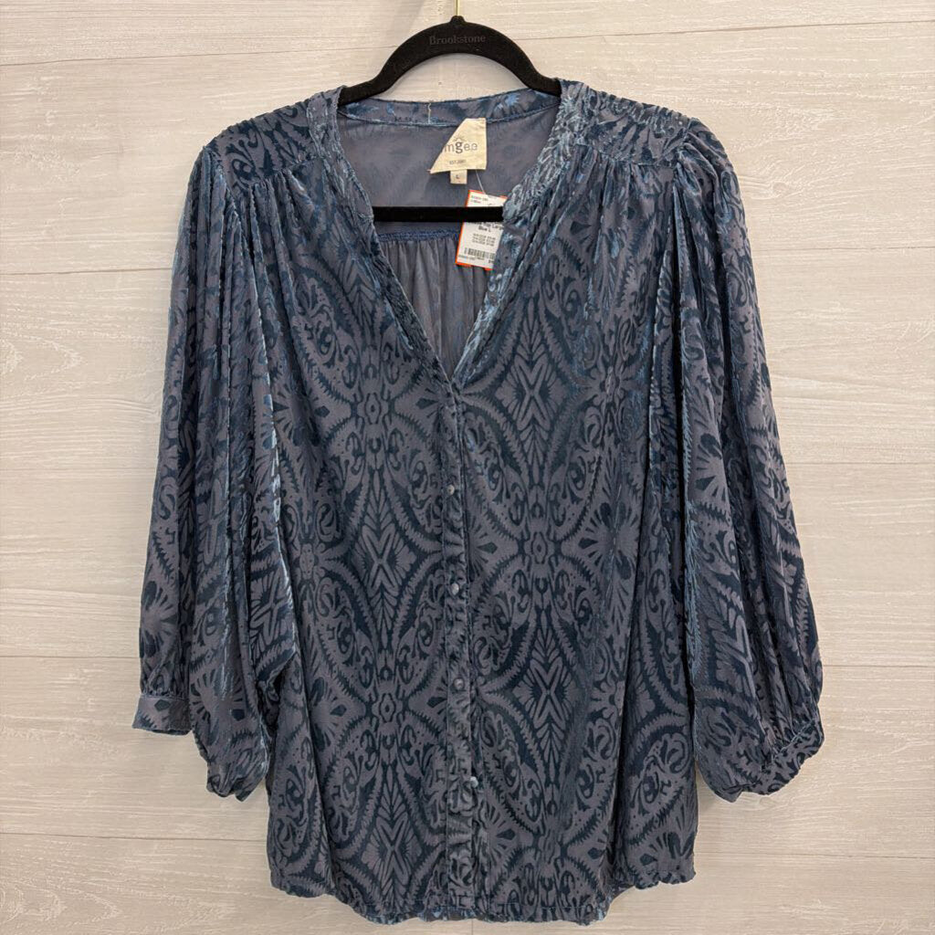 Umgee Blue Crushed Velvet Print Long Sleeve Top Large