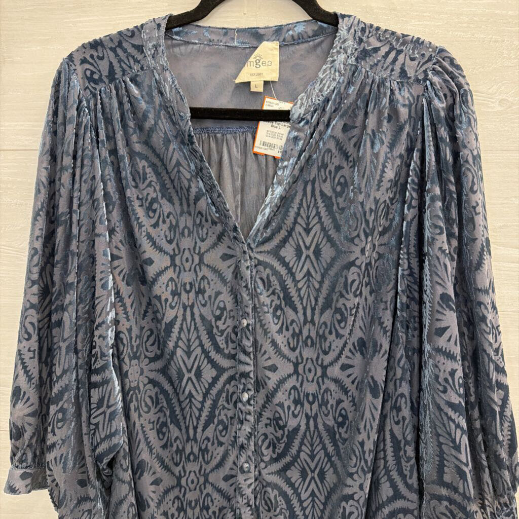 Umgee Blue Crushed Velvet Print Long Sleeve Top Large
