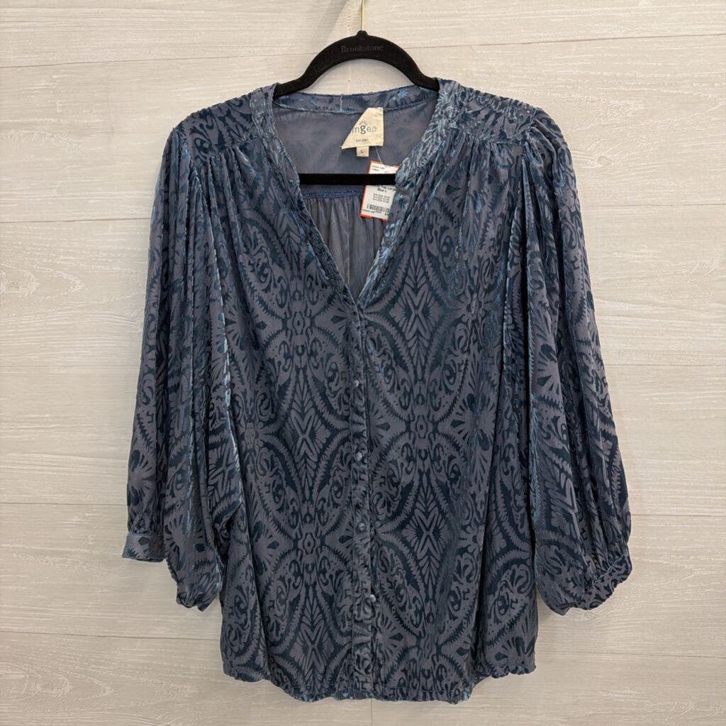 Umgee Blue Crushed Velvet Print Long Sleeve Top Large