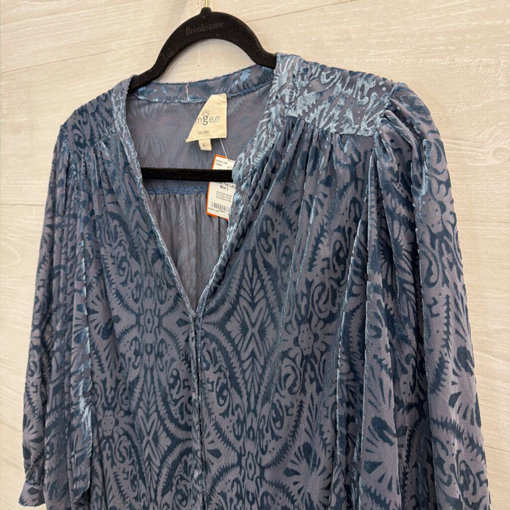 Umgee Blue Crushed Velvet Print Long Sleeve Top Large