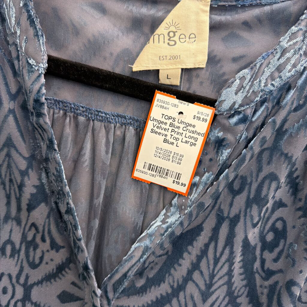 Umgee Blue Crushed Velvet Print Long Sleeve Top Large