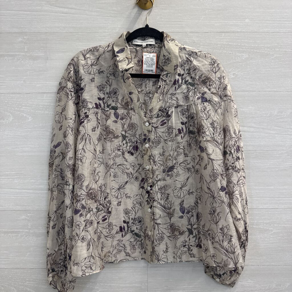 English Factory White/ Purple Floral Print Long Sleeve Button Down Top Medium