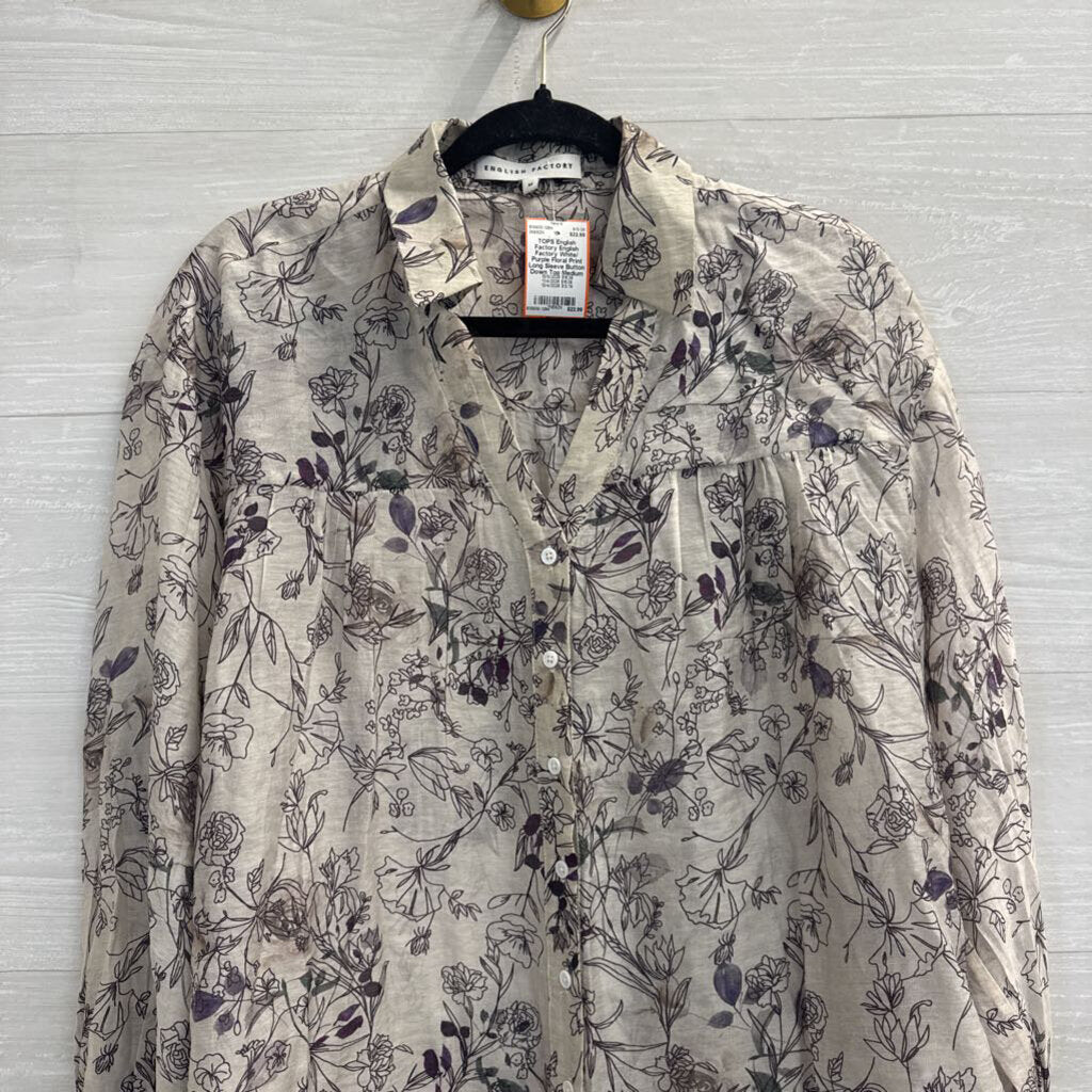 English Factory White/ Purple Floral Print Long Sleeve Button Down Top Medium