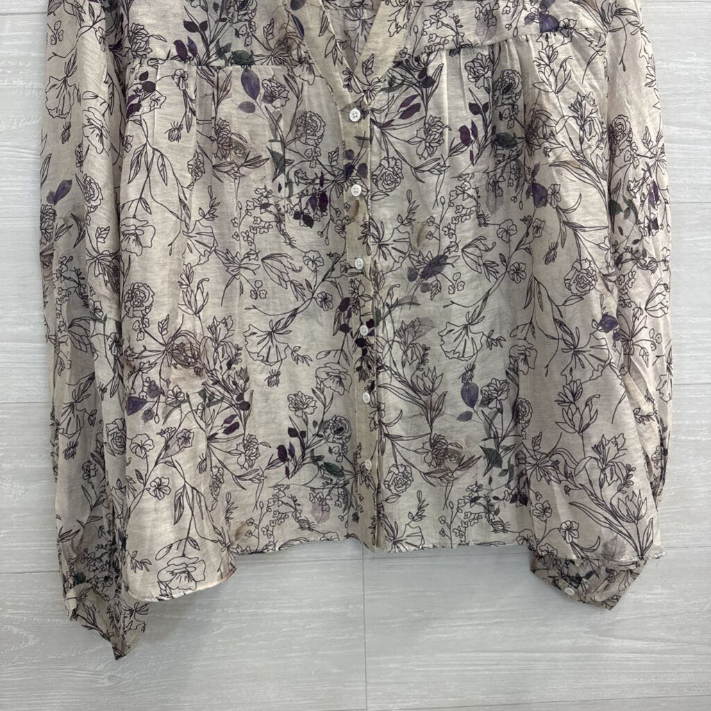 English Factory White/ Purple Floral Print Long Sleeve Button Down Top Medium