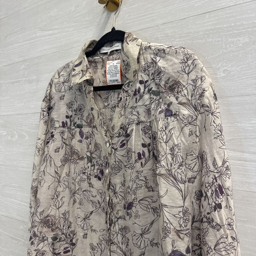 English Factory White/ Purple Floral Print Long Sleeve Button Down Top Medium
