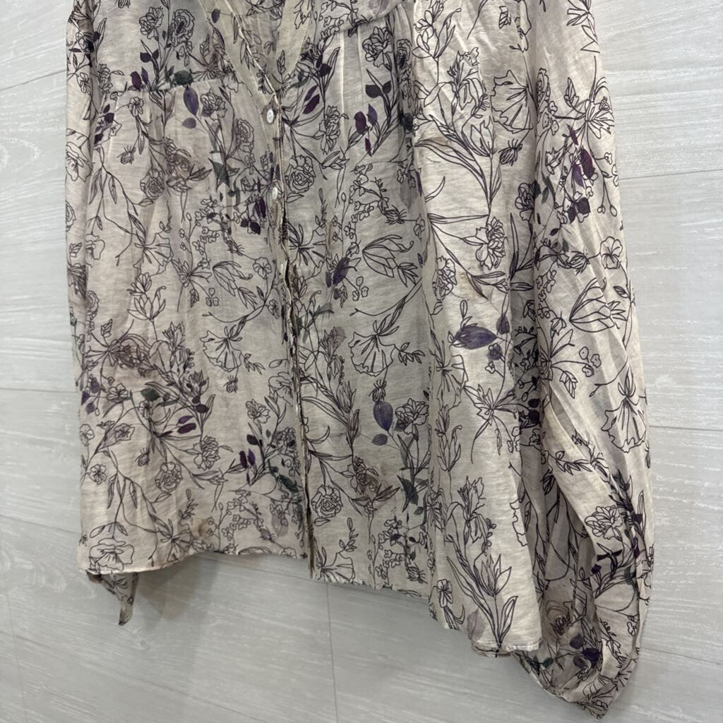 English Factory White/ Purple Floral Print Long Sleeve Button Down Top Medium