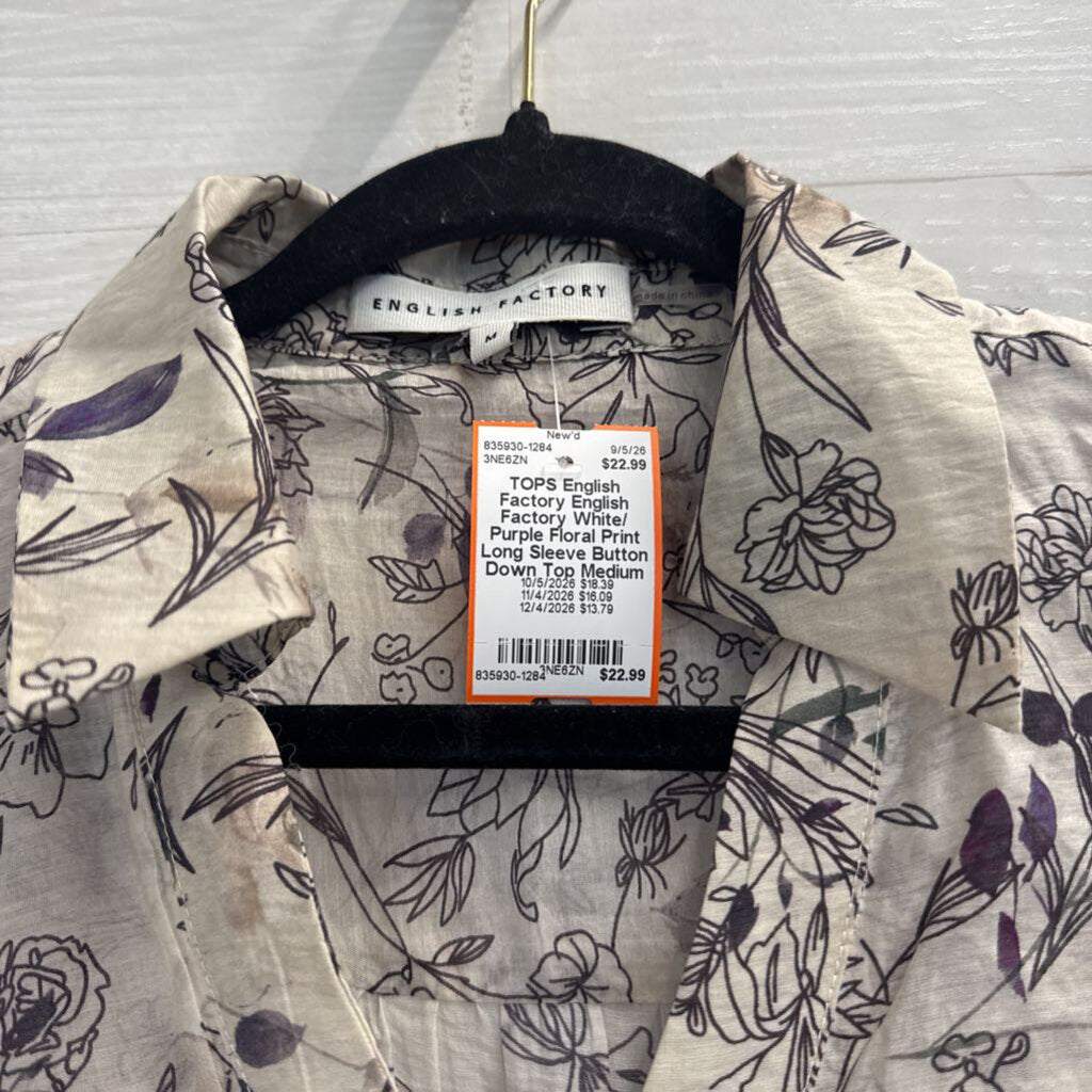 English Factory White/ Purple Floral Print Long Sleeve Button Down Top Medium