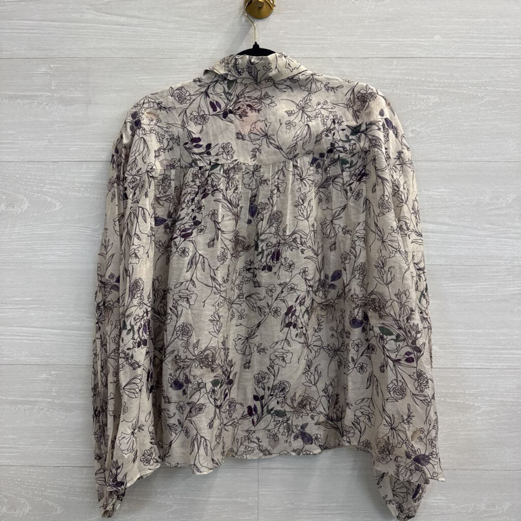 English Factory White/ Purple Floral Print Long Sleeve Button Down Top Medium