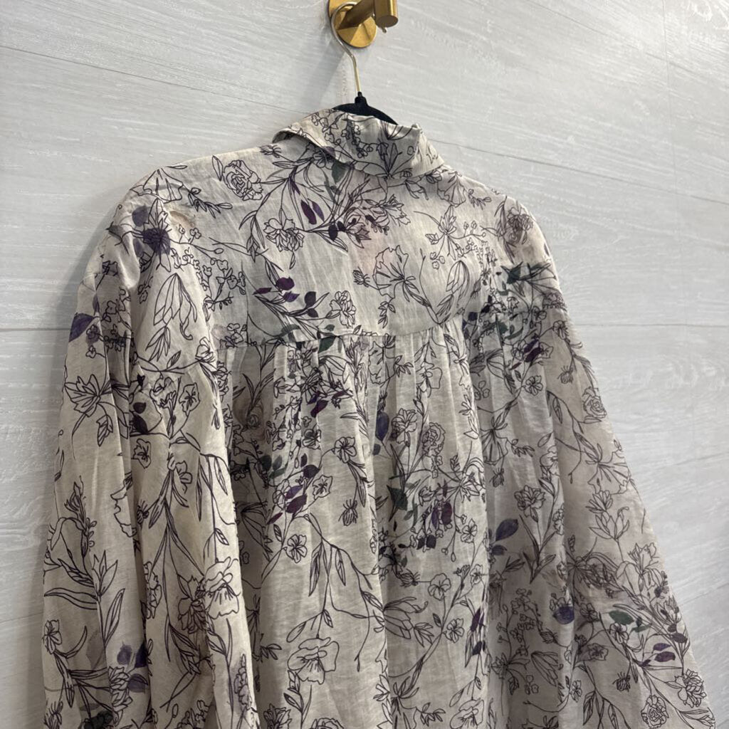 English Factory White/ Purple Floral Print Long Sleeve Button Down Top Medium