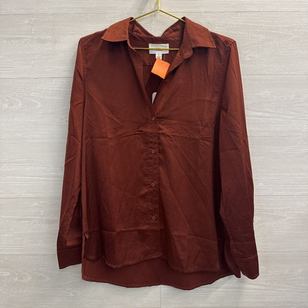 Olia Brown Silky Long Sleeve Button Down Top Large