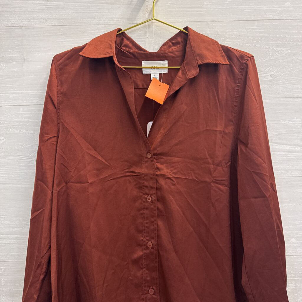 Olia Brown Silky Long Sleeve Button Down Top Large