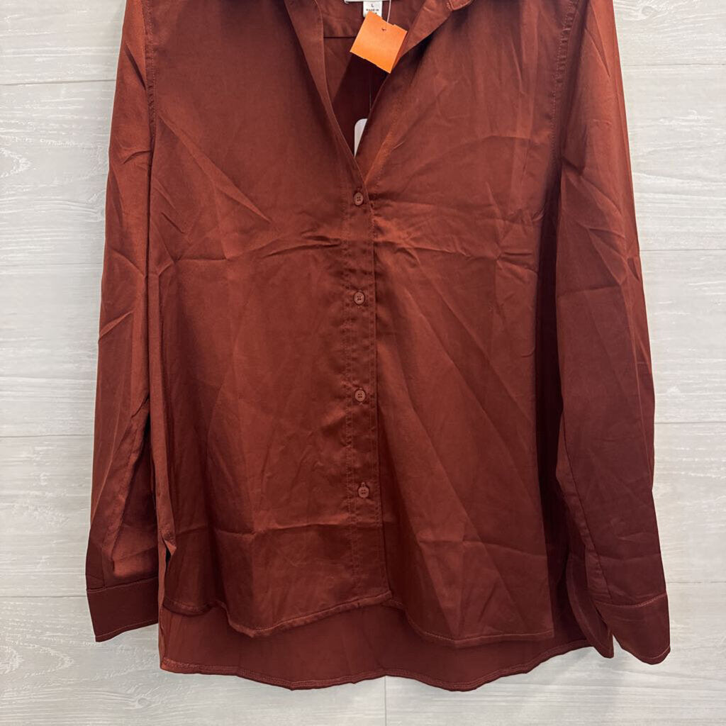 Olia Brown Silky Long Sleeve Button Down Top Large