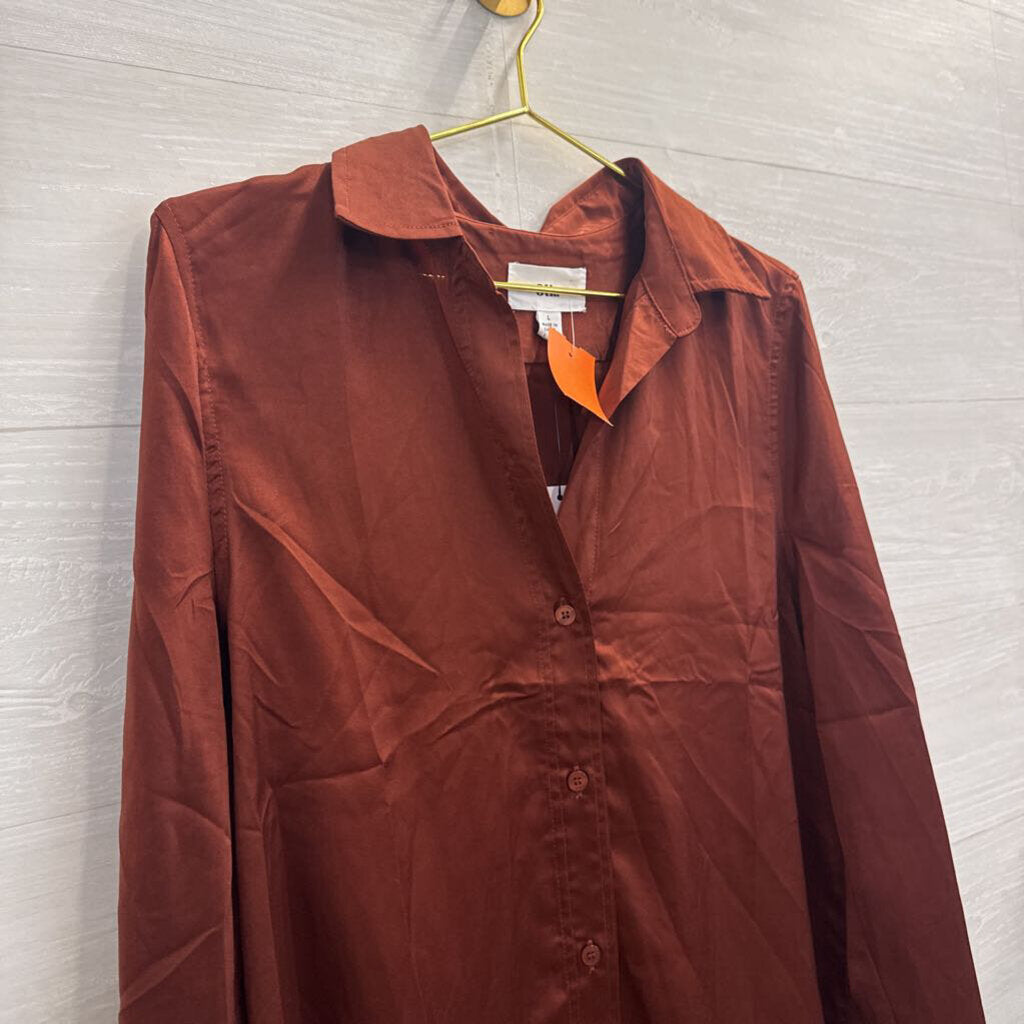 Olia Brown Silky Long Sleeve Button Down Top Large