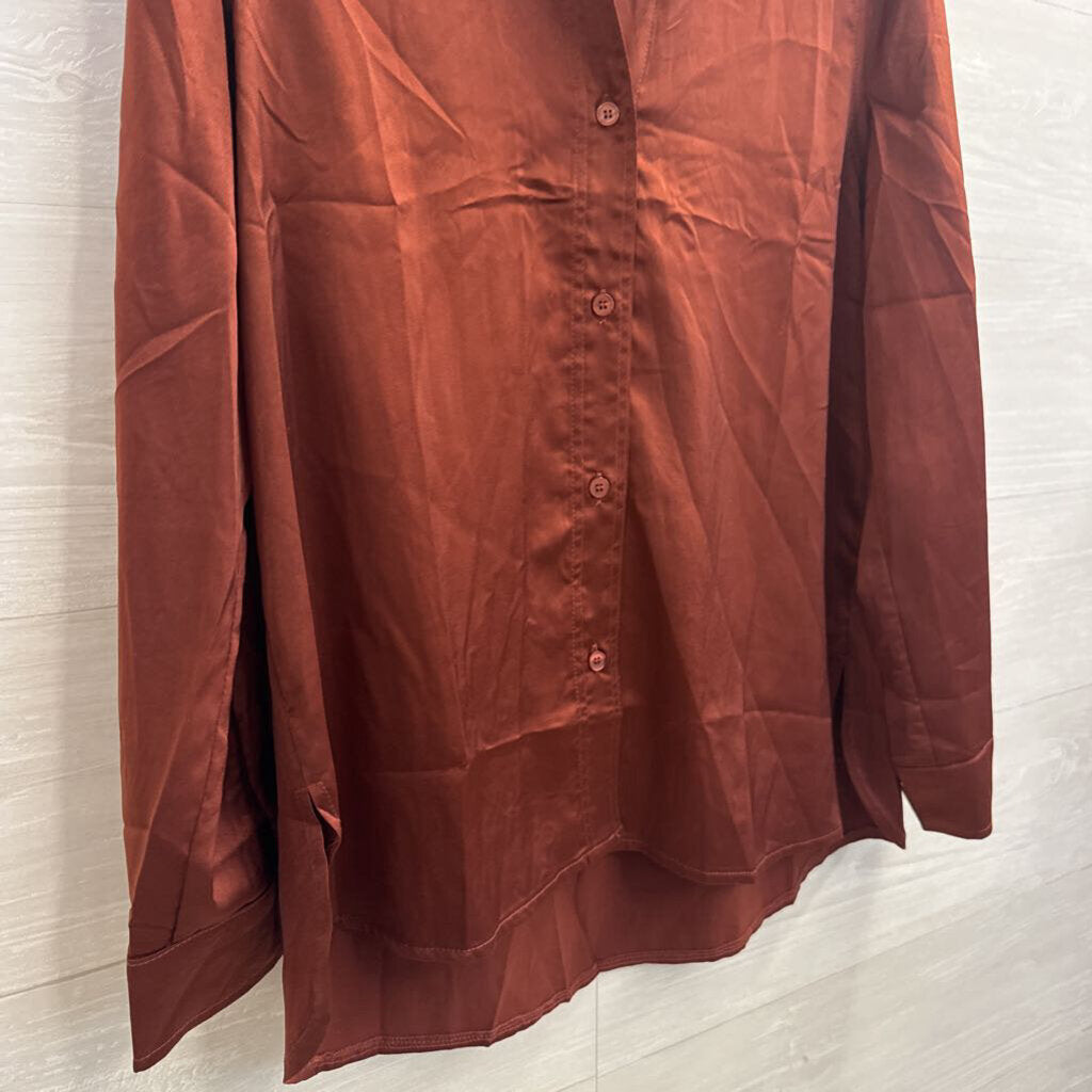Olia Brown Silky Long Sleeve Button Down Top Large