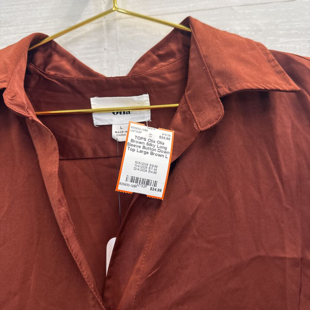 Olia Brown Silky Long Sleeve Button Down Top Large