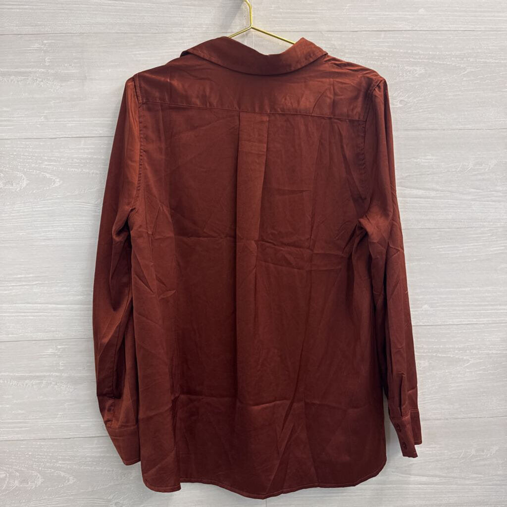 Olia Brown Silky Long Sleeve Button Down Top Large
