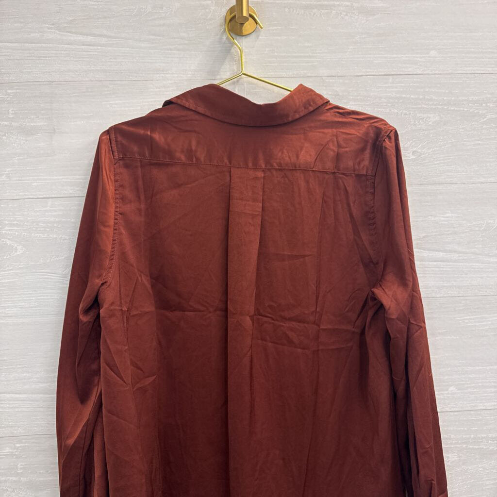 Olia Brown Silky Long Sleeve Button Down Top Large