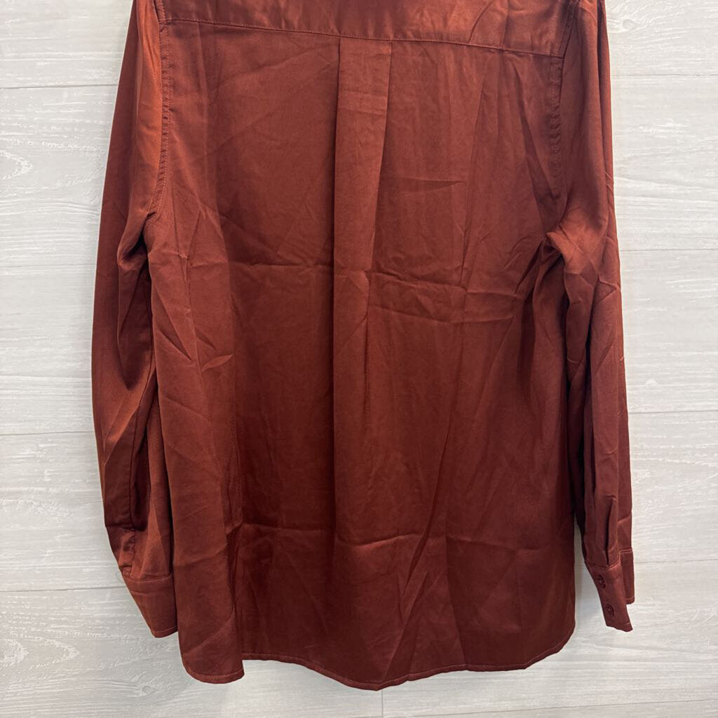 Olia Brown Silky Long Sleeve Button Down Top Large