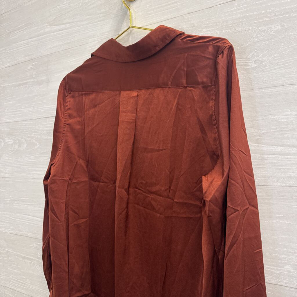 Olia Brown Silky Long Sleeve Button Down Top Large