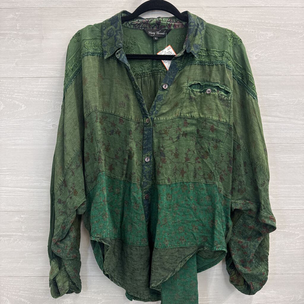 Young Threads Green Embroidered Long Sleeve Button Down Top Small