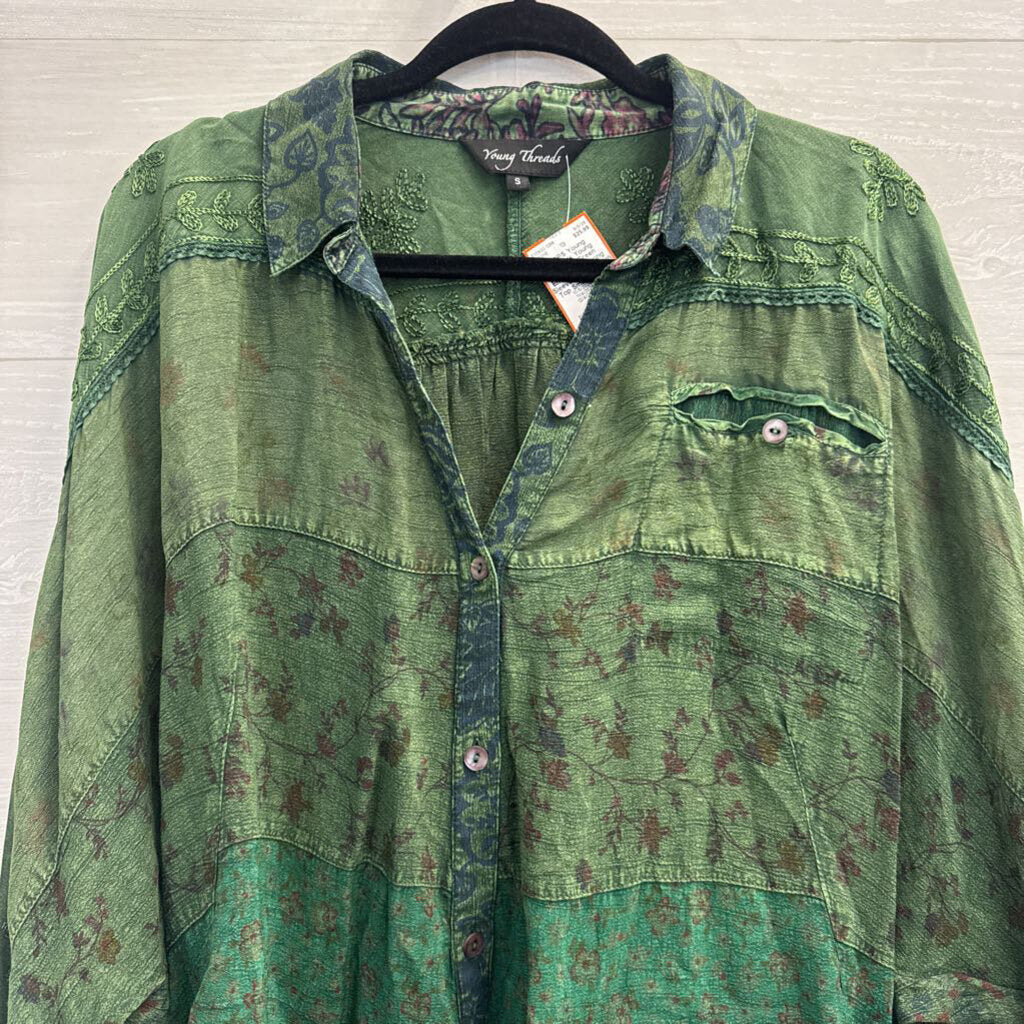 Young Threads Green Embroidered Long Sleeve Button Down Top Small