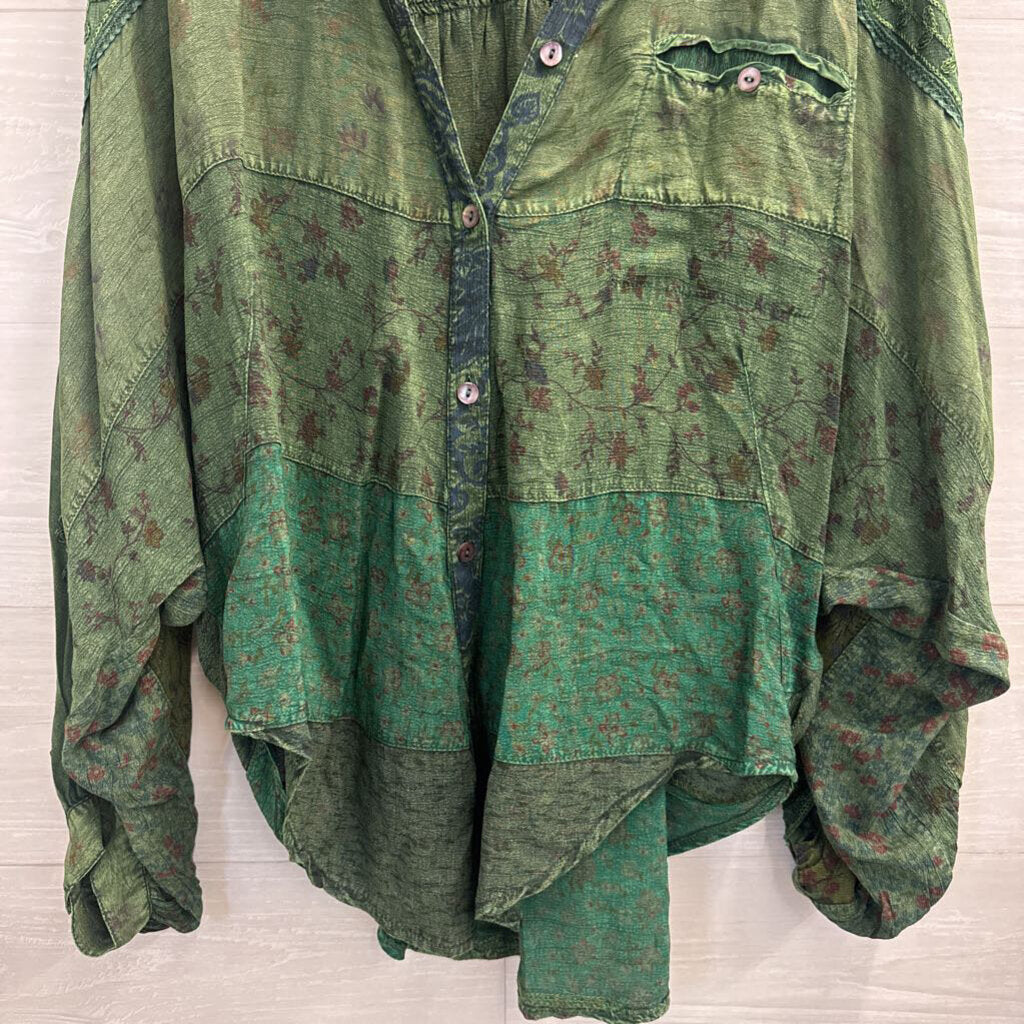 Young Threads Green Embroidered Long Sleeve Button Down Top Small