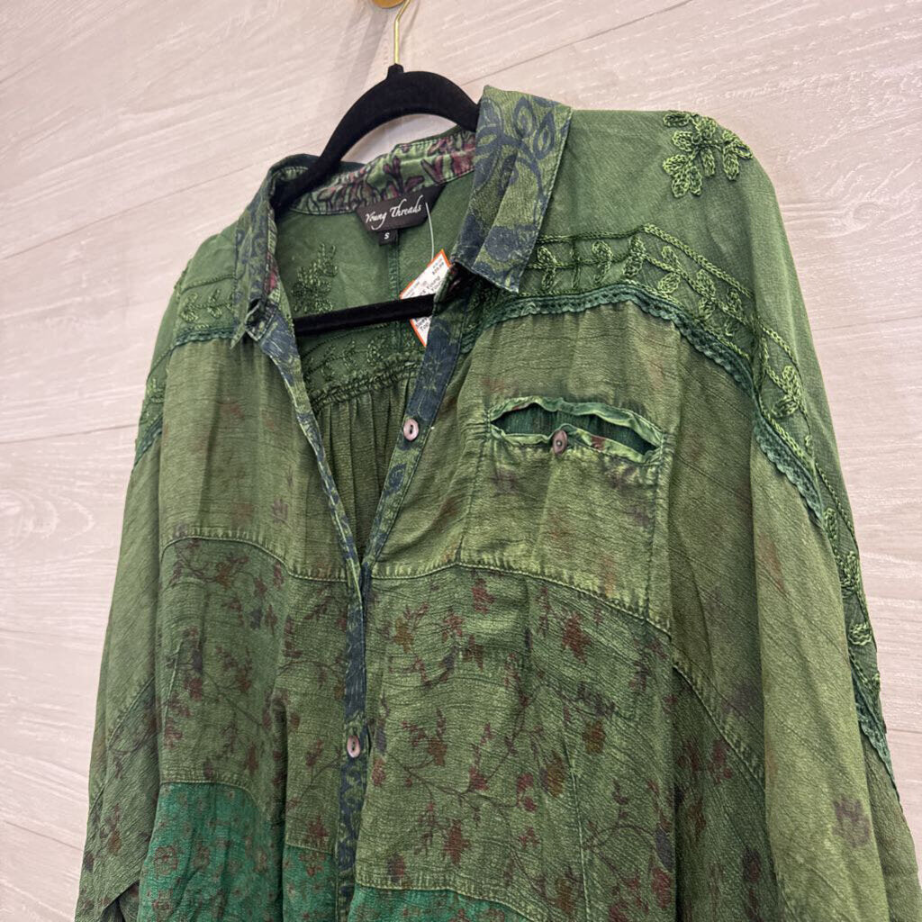 Young Threads Green Embroidered Long Sleeve Button Down Top Small
