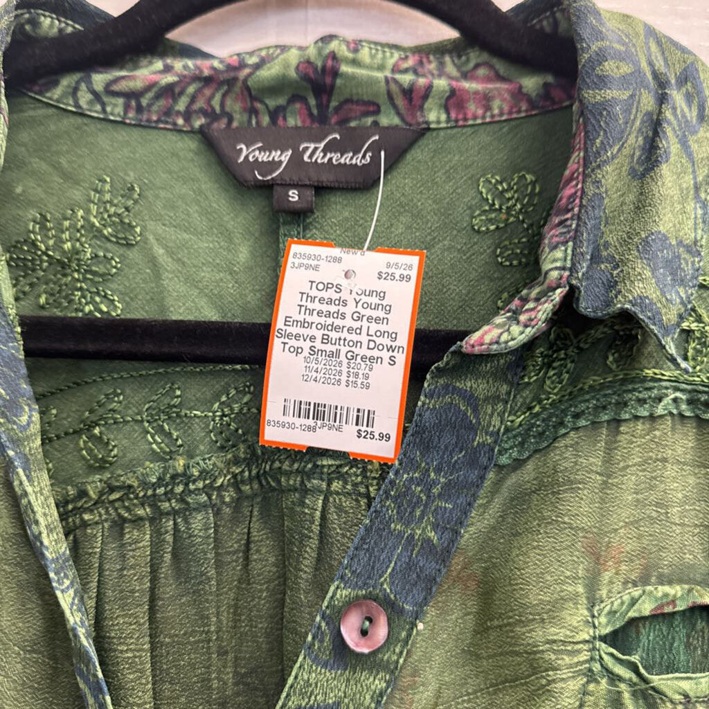Young Threads Green Embroidered Long Sleeve Button Down Top Small