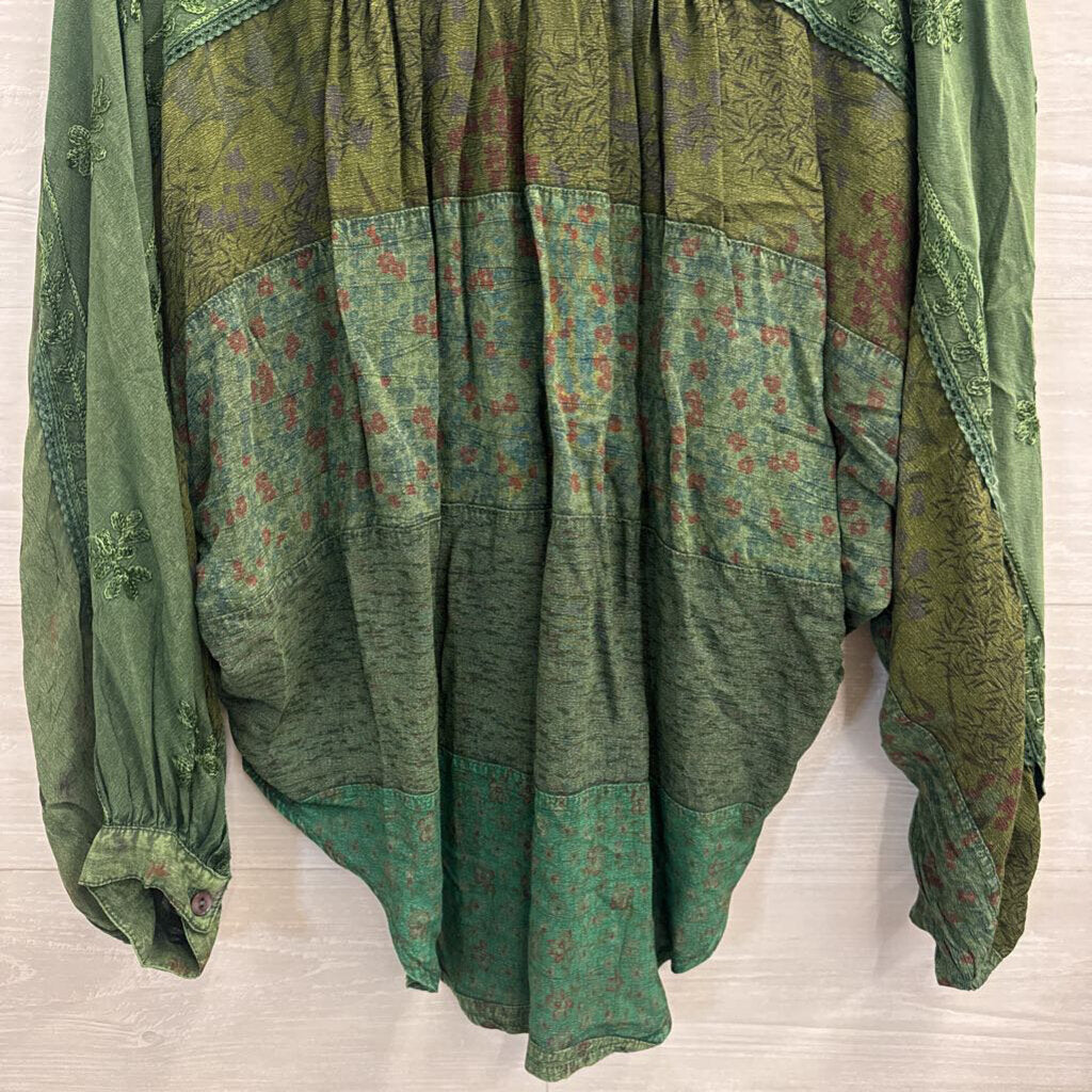 Young Threads Green Embroidered Long Sleeve Button Down Top Small
