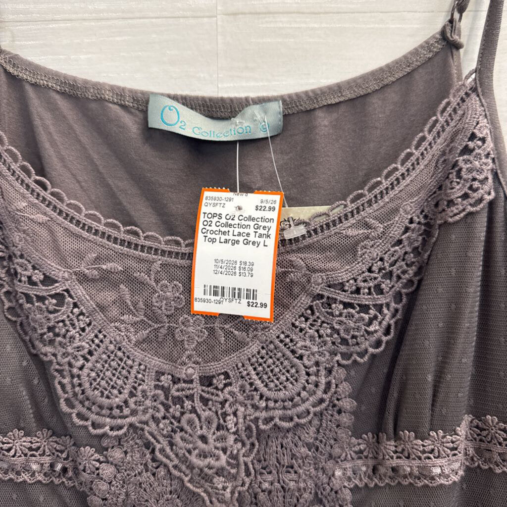 O2 Collection Grey Crochet Lace Tank Top Large