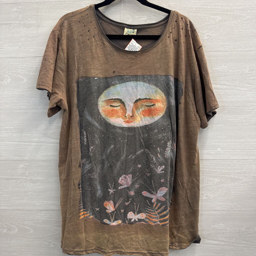 Jaded Gypsy Brown/ Grey Moon Print Distressed Short Sleeve Top Large/ Extra Large