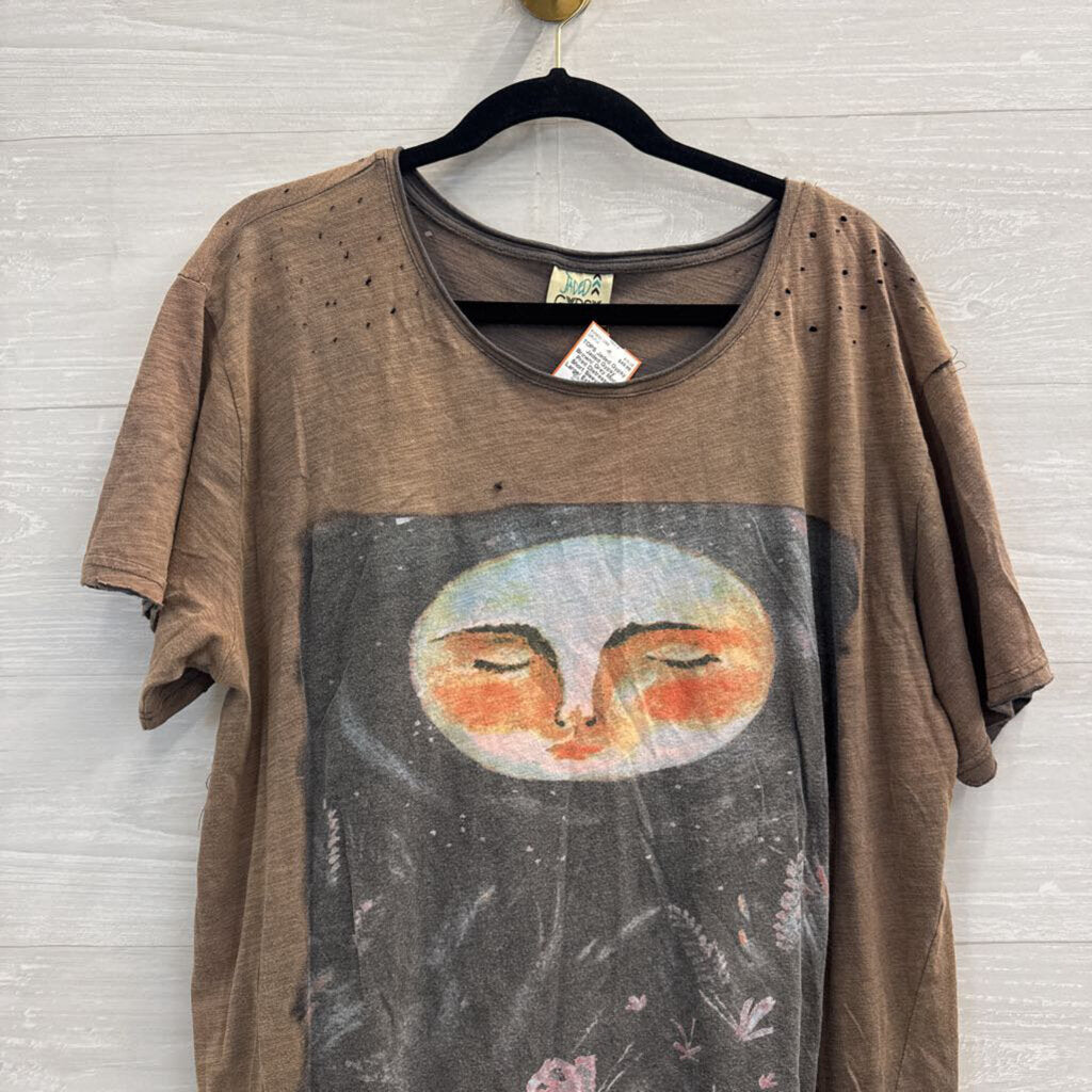 Jaded Gypsy Brown/ Grey Moon Print Distressed Short Sleeve Top Large/ Extra Large