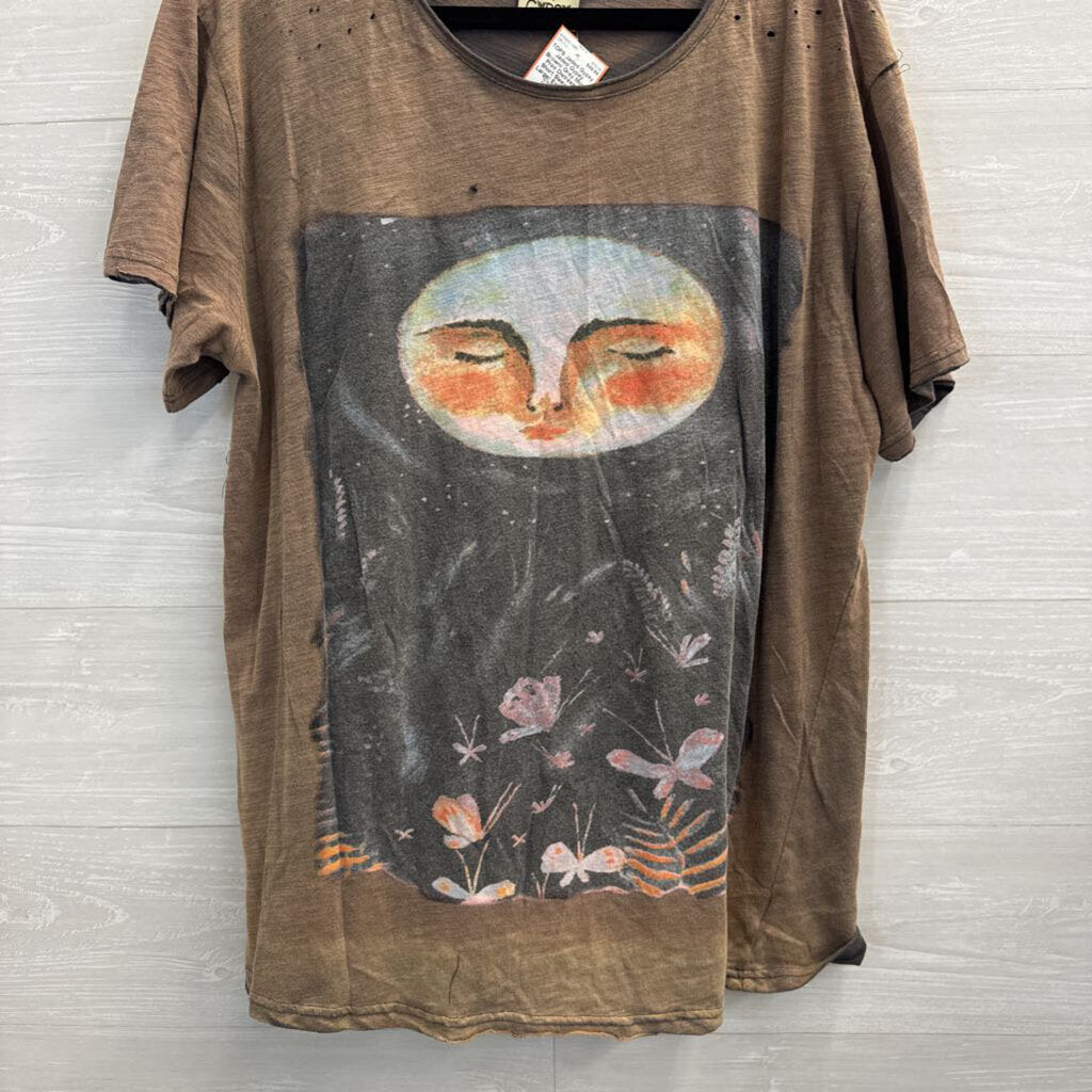 Jaded Gypsy Brown/ Grey Moon Print Distressed Short Sleeve Top Large/ Extra Large