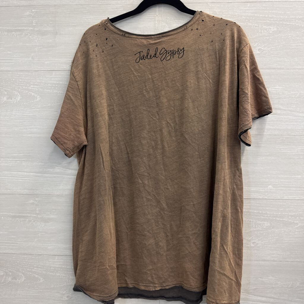 Jaded Gypsy Brown/ Grey Moon Print Distressed Short Sleeve Top Large/ Extra Large