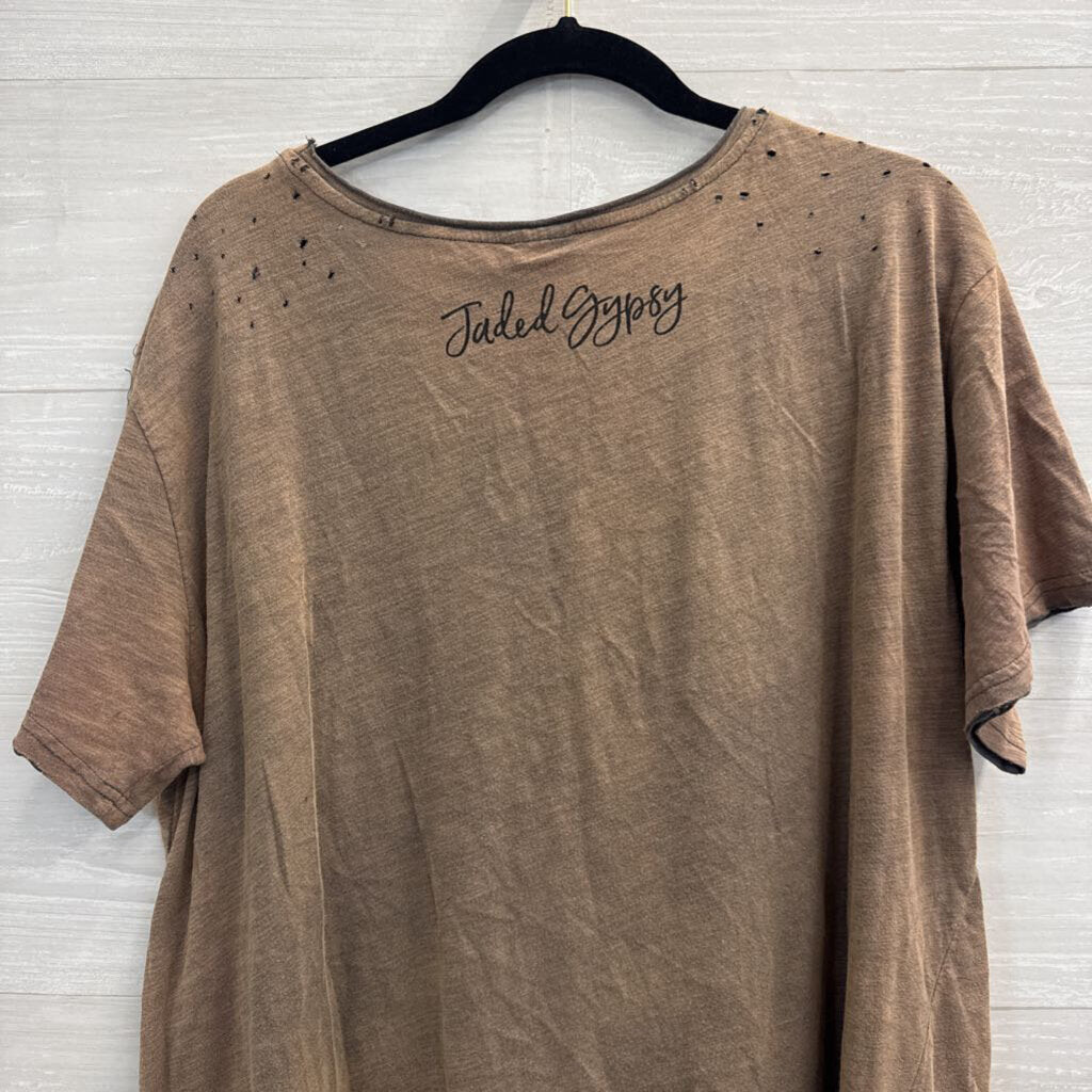 Jaded Gypsy Brown/ Grey Moon Print Distressed Short Sleeve Top Large/ Extra Large